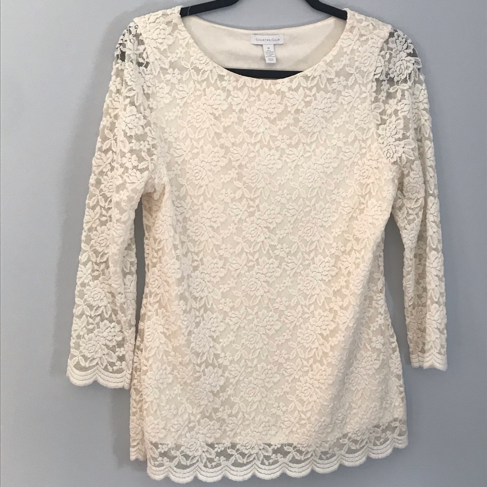 Charter Club White Lace 3/4 Length Sleeve Shirt (M)
